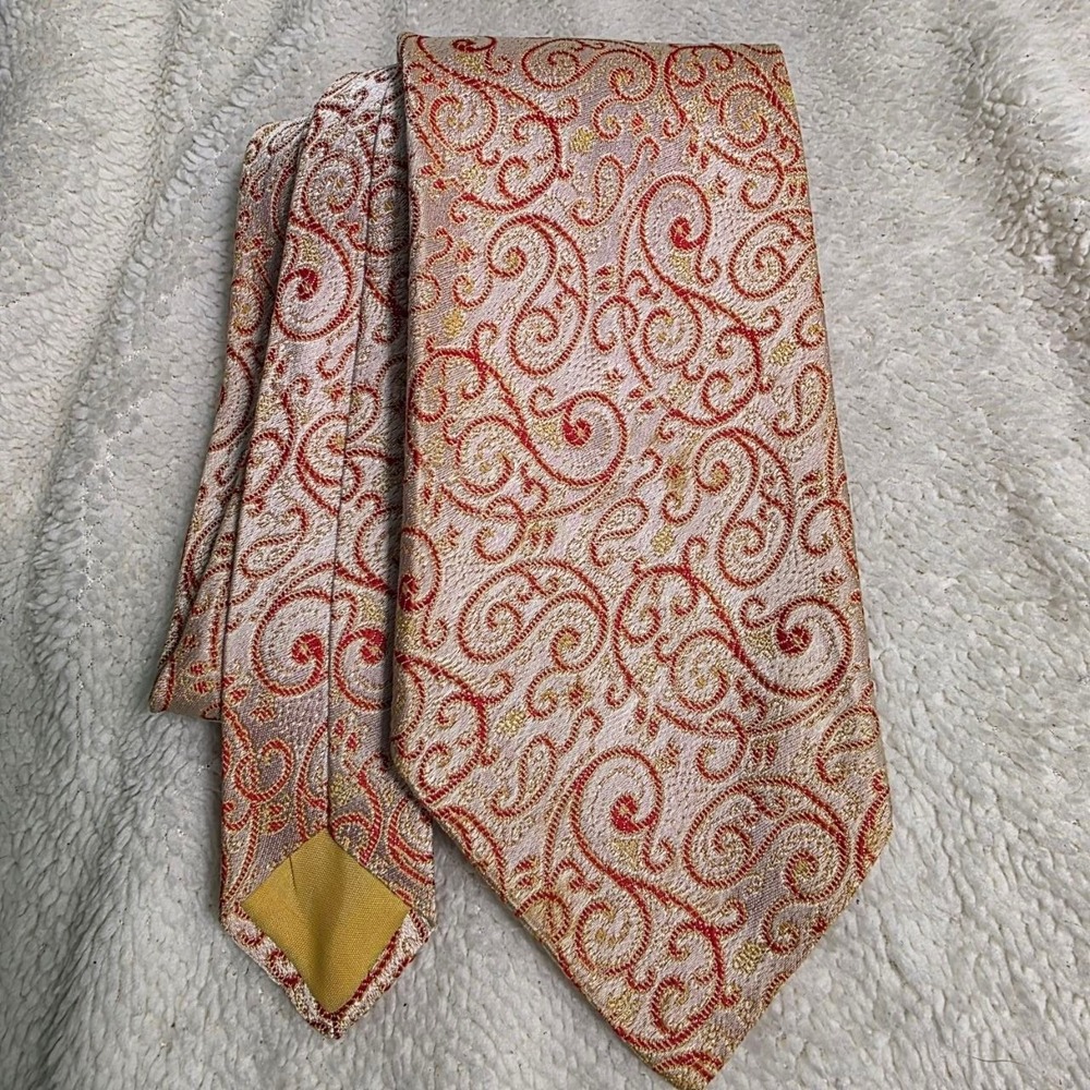 VTG Moda Italia Necktie Pink Orange Gold Red Paisley Jacquard Mens OS Excellent